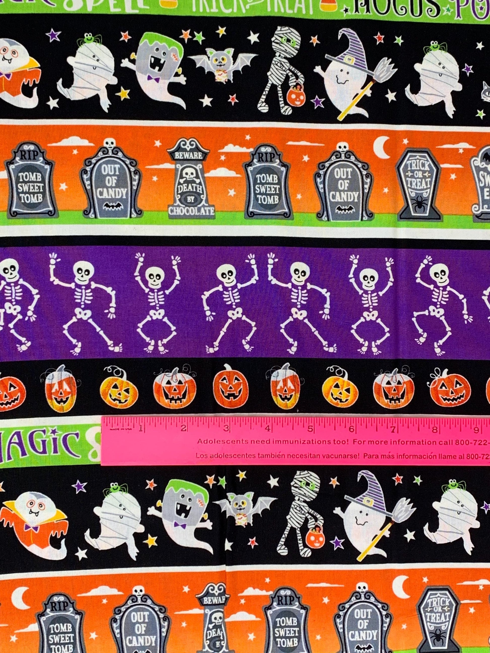 Halloween Fabric Yardage: Multi Haunted Stripe, Glow in the Dark - Benartex