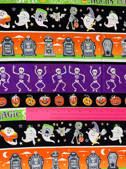 Halloween Fabric Yardage: Multi Haunted Stripe, Glow in the Dark - Benartex