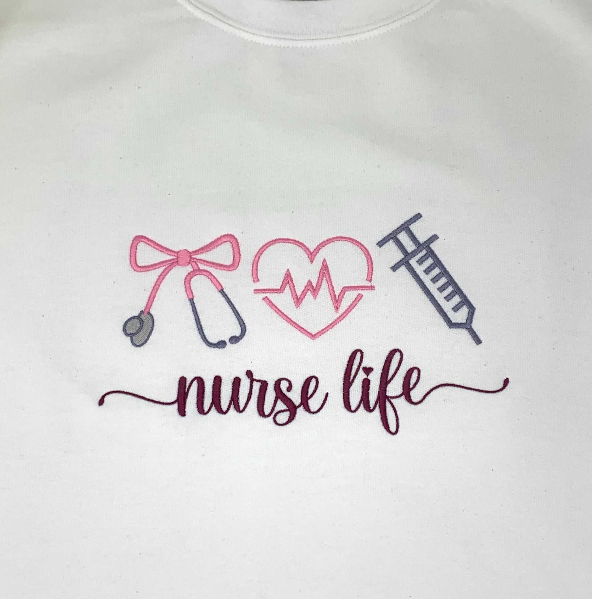 Nurse Life Sweatshirt: Embroidered Medical, Stethoscope, Heart, Syringe, Crewneck, Pink, White