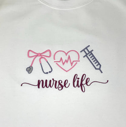 Nurse Life Sweatshirt: Embroidered Medical, Stethoscope, Heart, Syringe, Crewneck, Pink, White