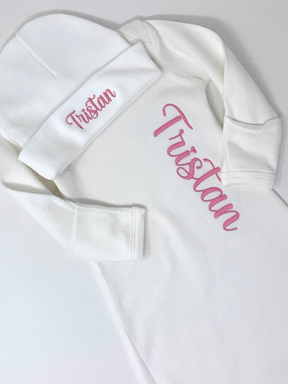 Baby Infant Gown and Cap Set, Pink or White, Embroidered name personalized