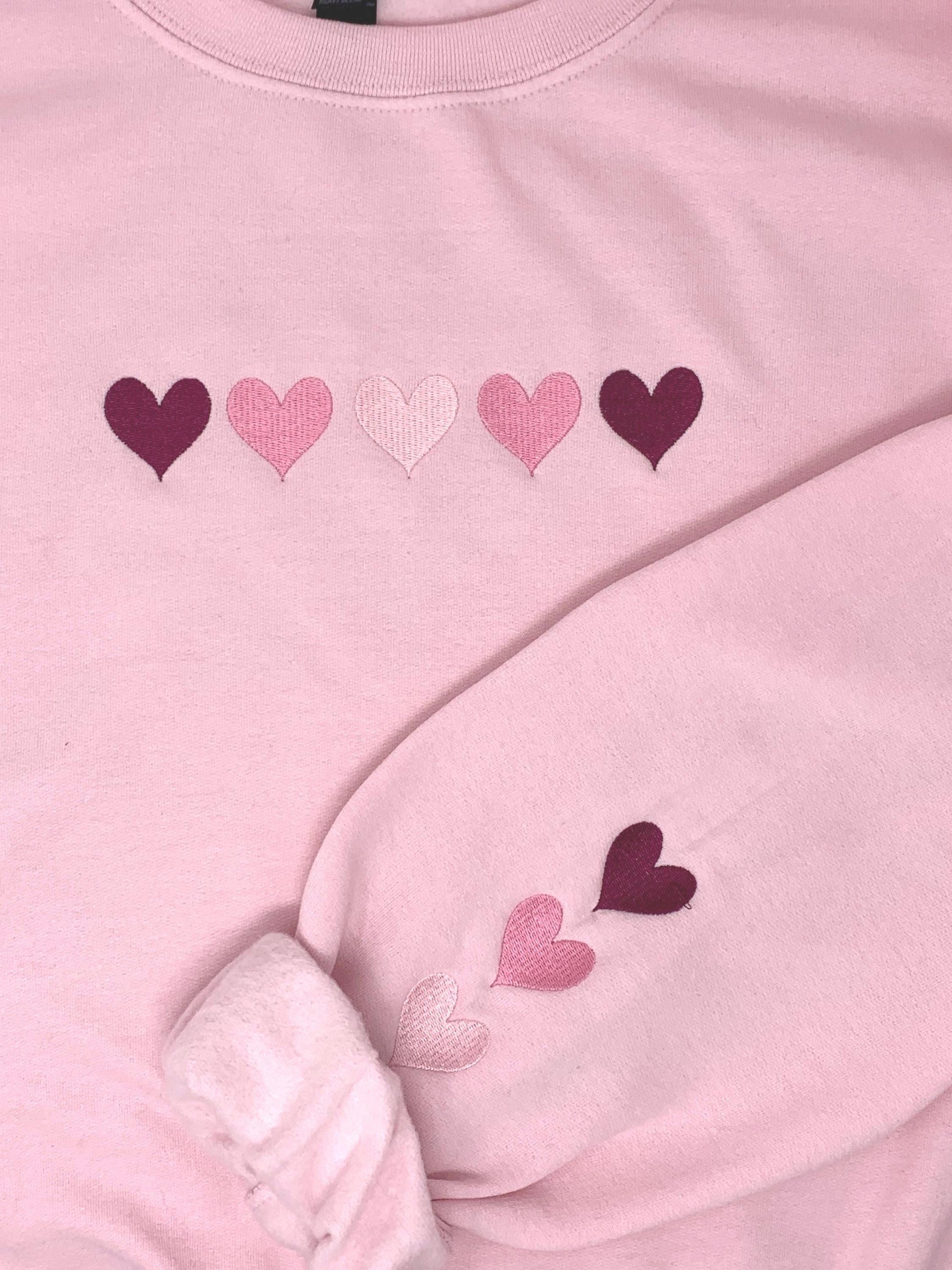 Hearts Sweatshirt: embroidered hearts, Valentine’s Day, Pink sweatshirt, White sweatshirt