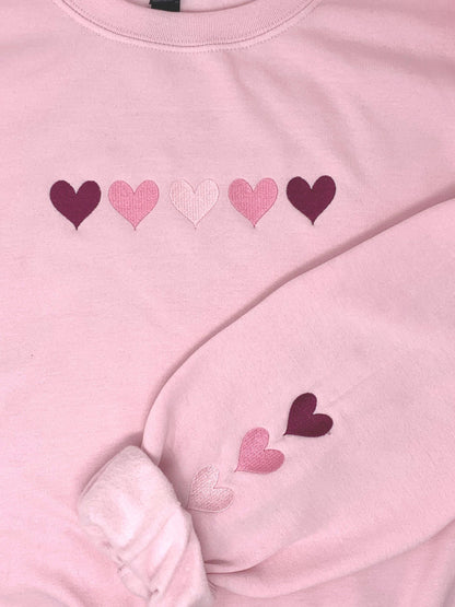 Hearts Sweatshirt: embroidered hearts, Valentine’s Day, Pink sweatshirt, White sweatshirt