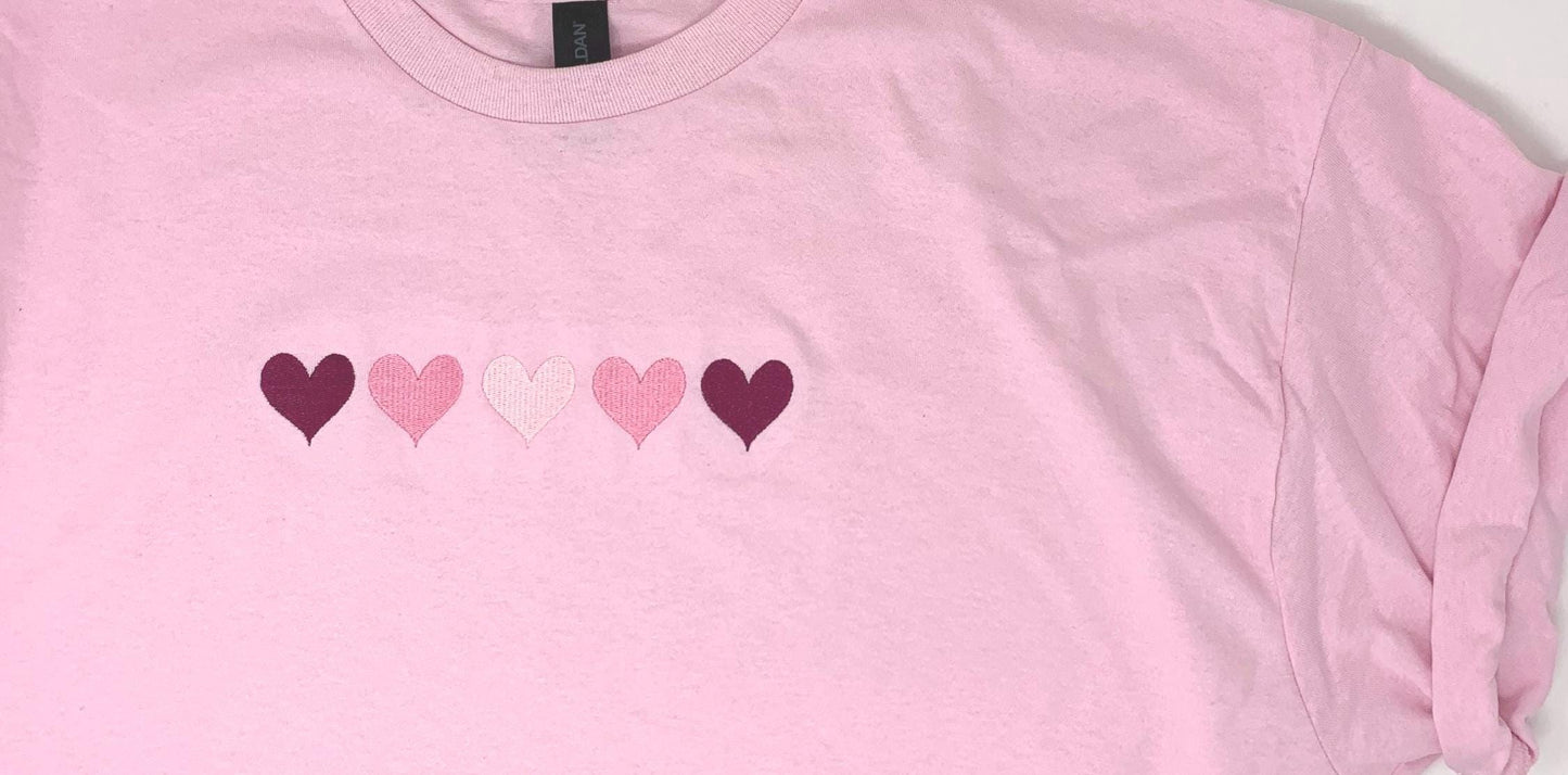 Hearts Sweatshirt: embroidered hearts, Valentine’s Day, Pink sweatshirt, White sweatshirt