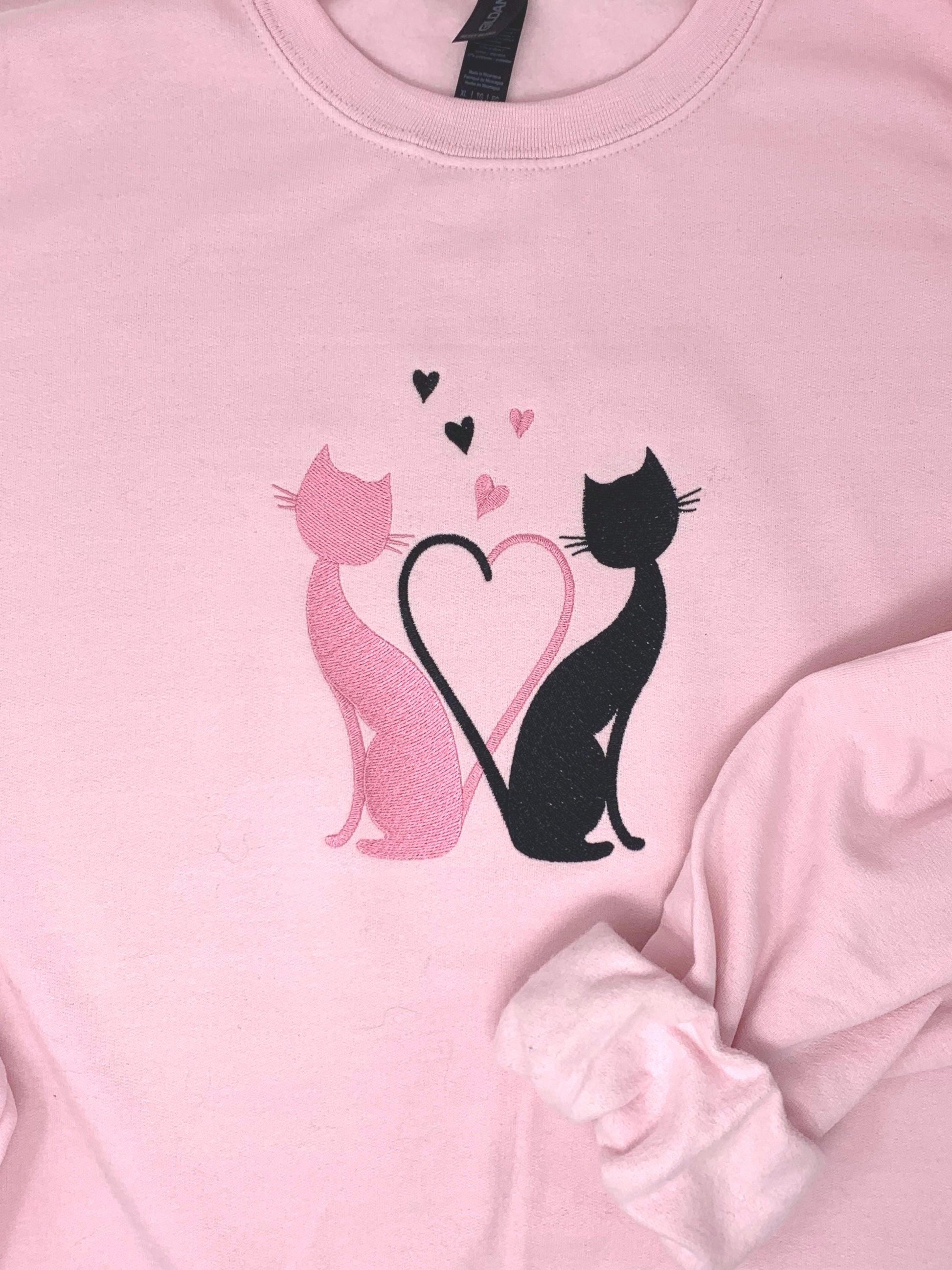 Kitty Love Sweatshirt: embroidered cats, hearts, Valentine’s Day, Pink sweatshirt, White sweatshirt