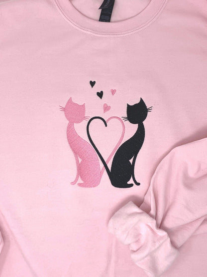 Kitty Love Sweatshirt: embroidered cats, hearts, Valentine’s Day, Pink sweatshirt, White sweatshirt
