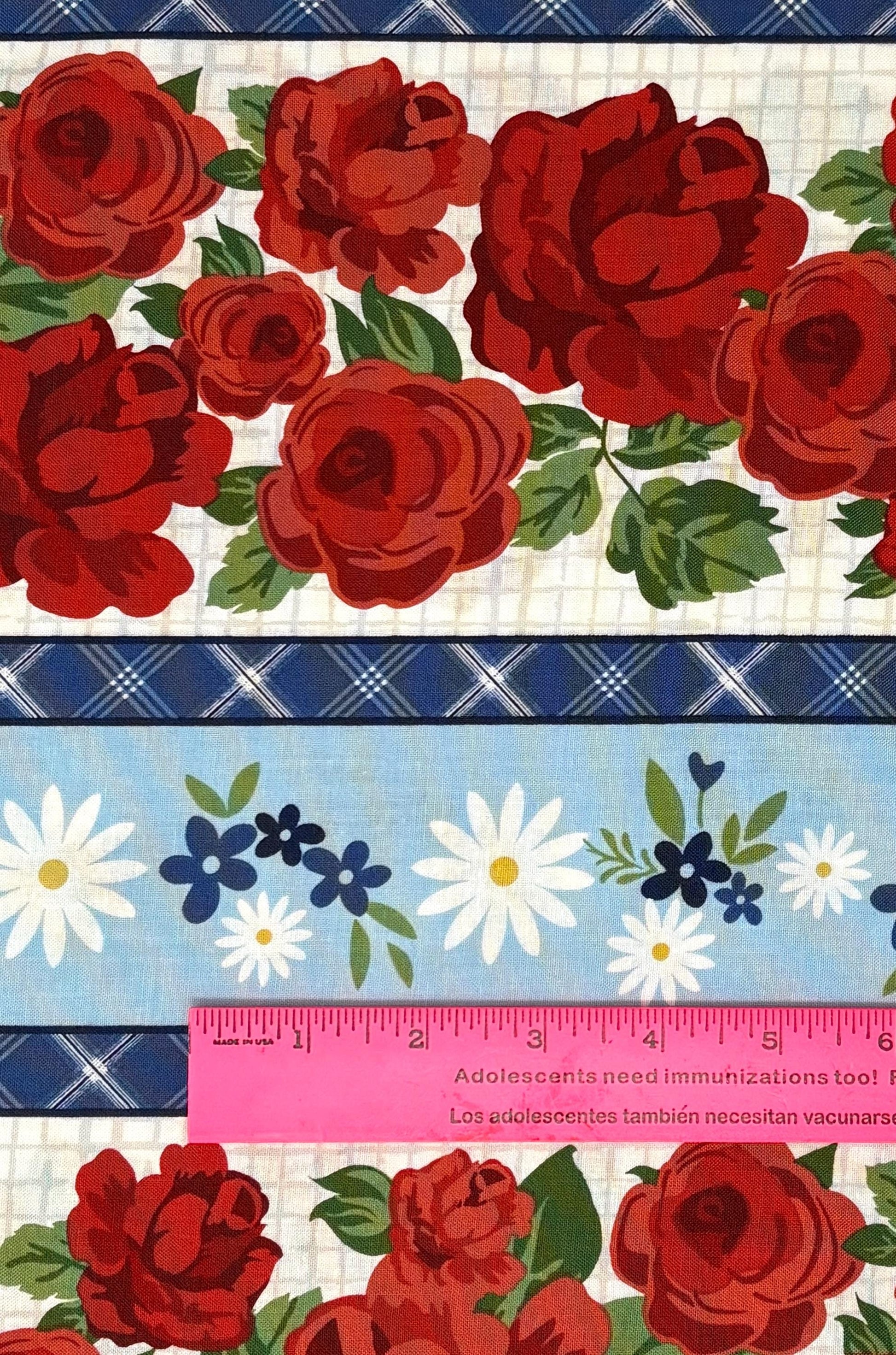 Floral Stripe Border Fabric: Summertime Daydream Stripe, Roses - Wilmington