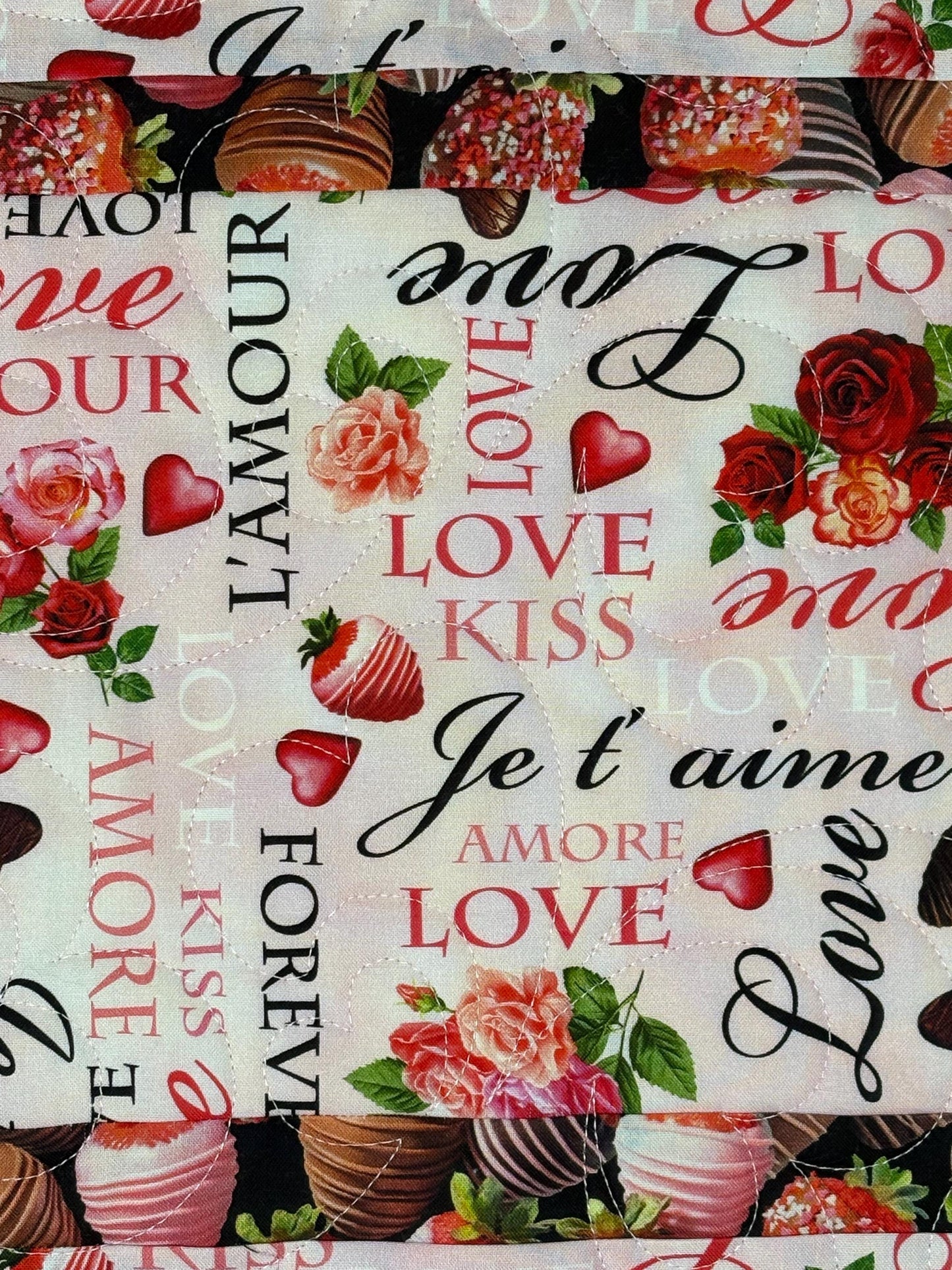 Valentine Table Runner Quilt, Romantic Quilt, Love Words, Chocoate Strawberries, Handmade Quilt