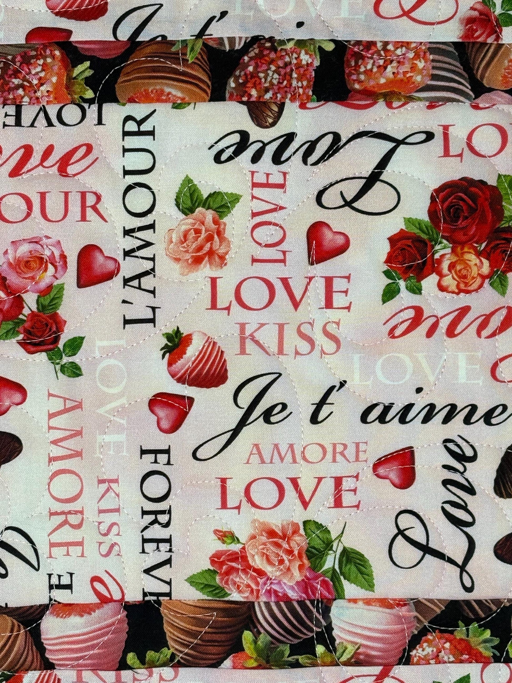 Valentine Table Runner Quilt, Romantic Quilt, Love Words, Chocoate Strawberries, Handmade Quilt