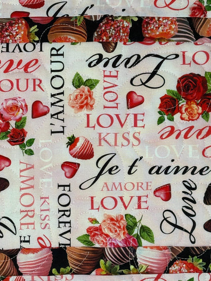 Valentine Table Runner Quilt, Romantic Quilt, Love Words, Chocoate Strawberries, Handmade Quilt