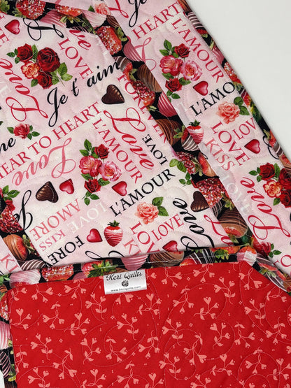 Valentine Table Runner Quilt, Romantic Quilt, Love Words, Chocoate Strawberries, Handmade Quilt