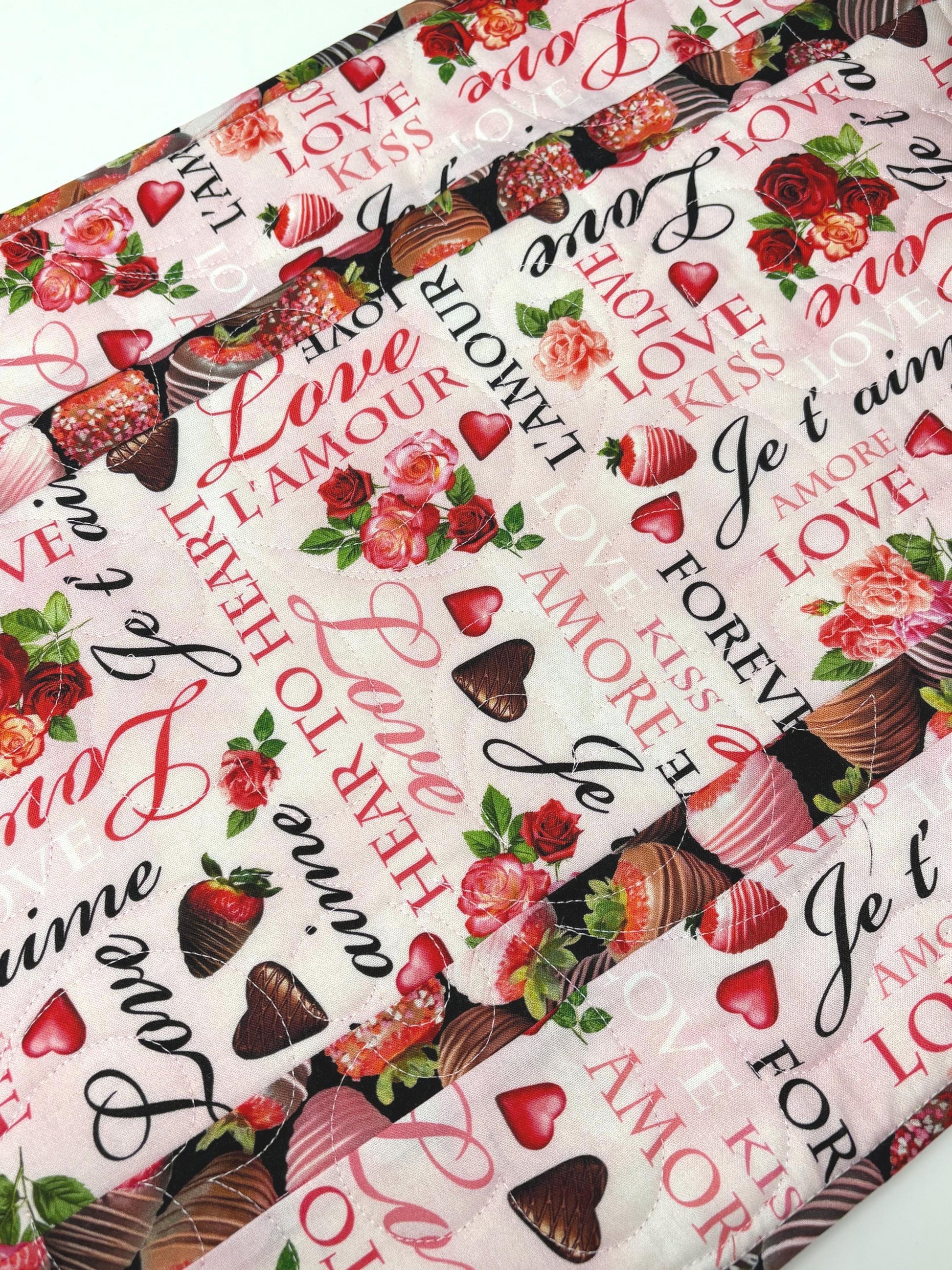 Valentine Table Runner Quilt, Romantic Quilt, Love Words, Chocoate Strawberries, Handmade Quilt