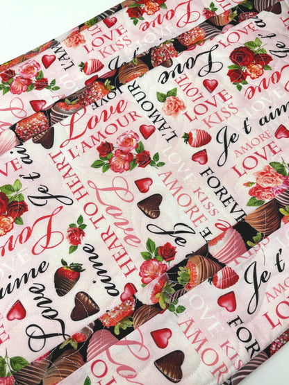 Valentine Table Runner Quilt, Romantic Quilt, Love Words, Chocoate Strawberries, Handmade Quilt