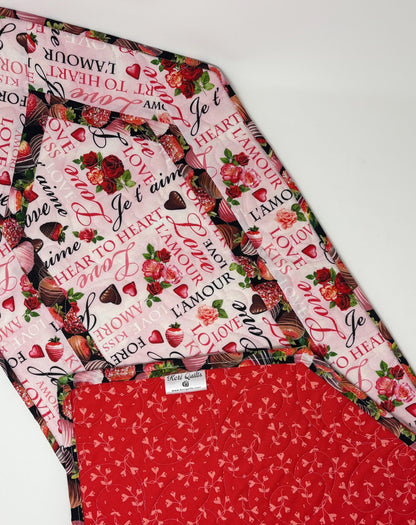 Valentine Table Runner Quilt, Romantic Quilt, Love Words, Chocoate Strawberries, Handmade Quilt