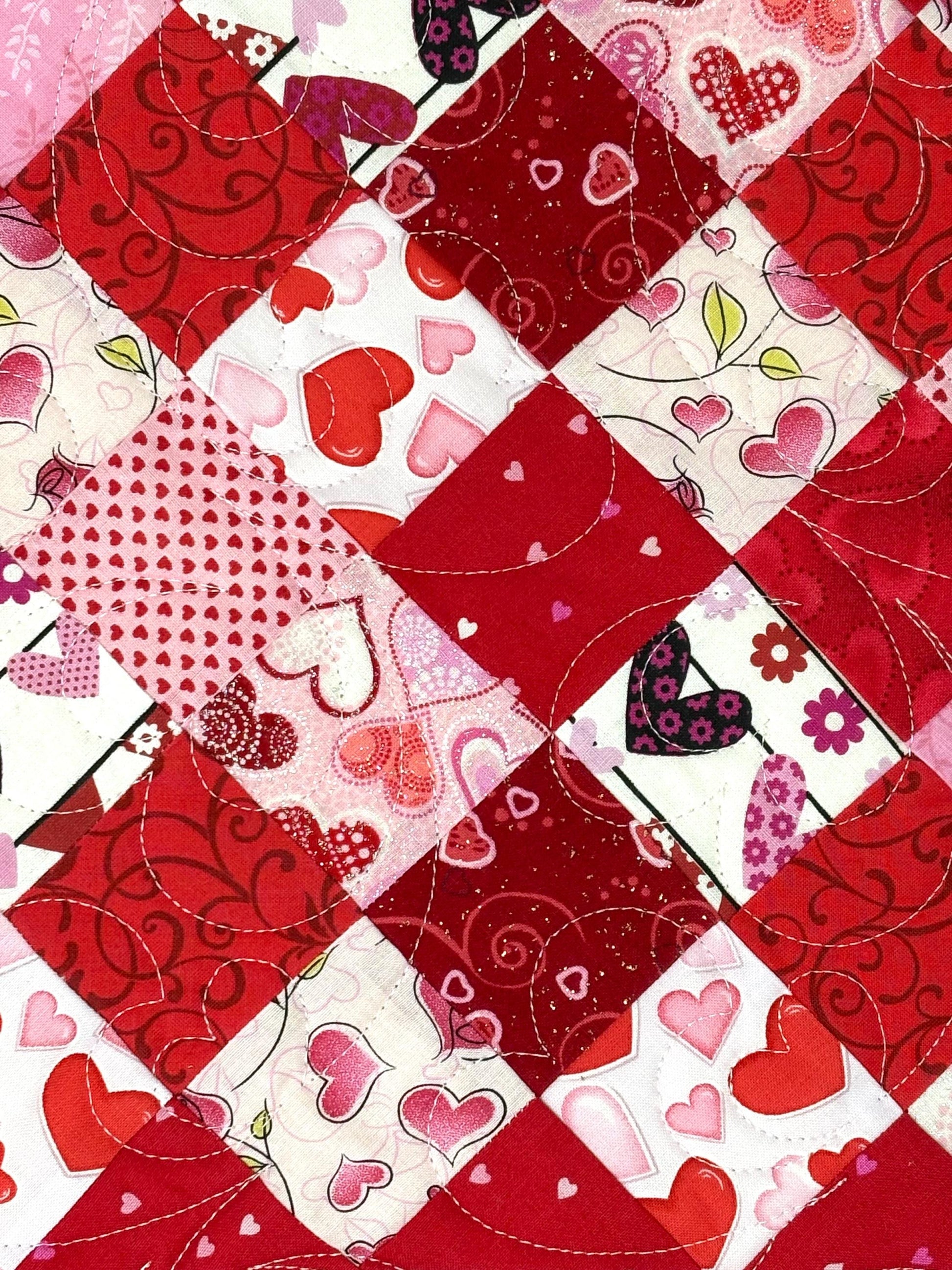 Handmade Valentine's Day Table Topper, Heart Quilted Square Quilt