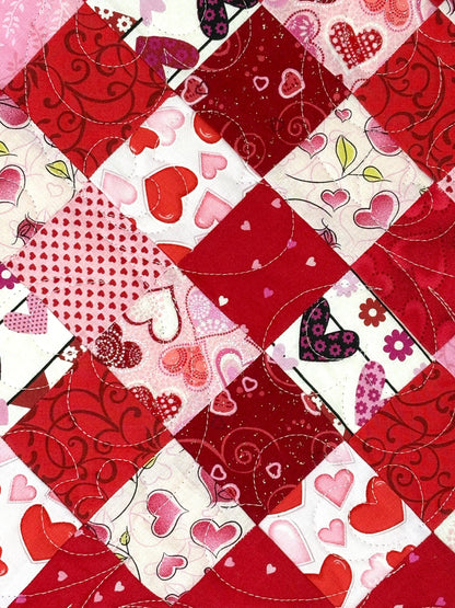 Handmade Valentine's Day Table Topper, Heart Quilted Square Quilt