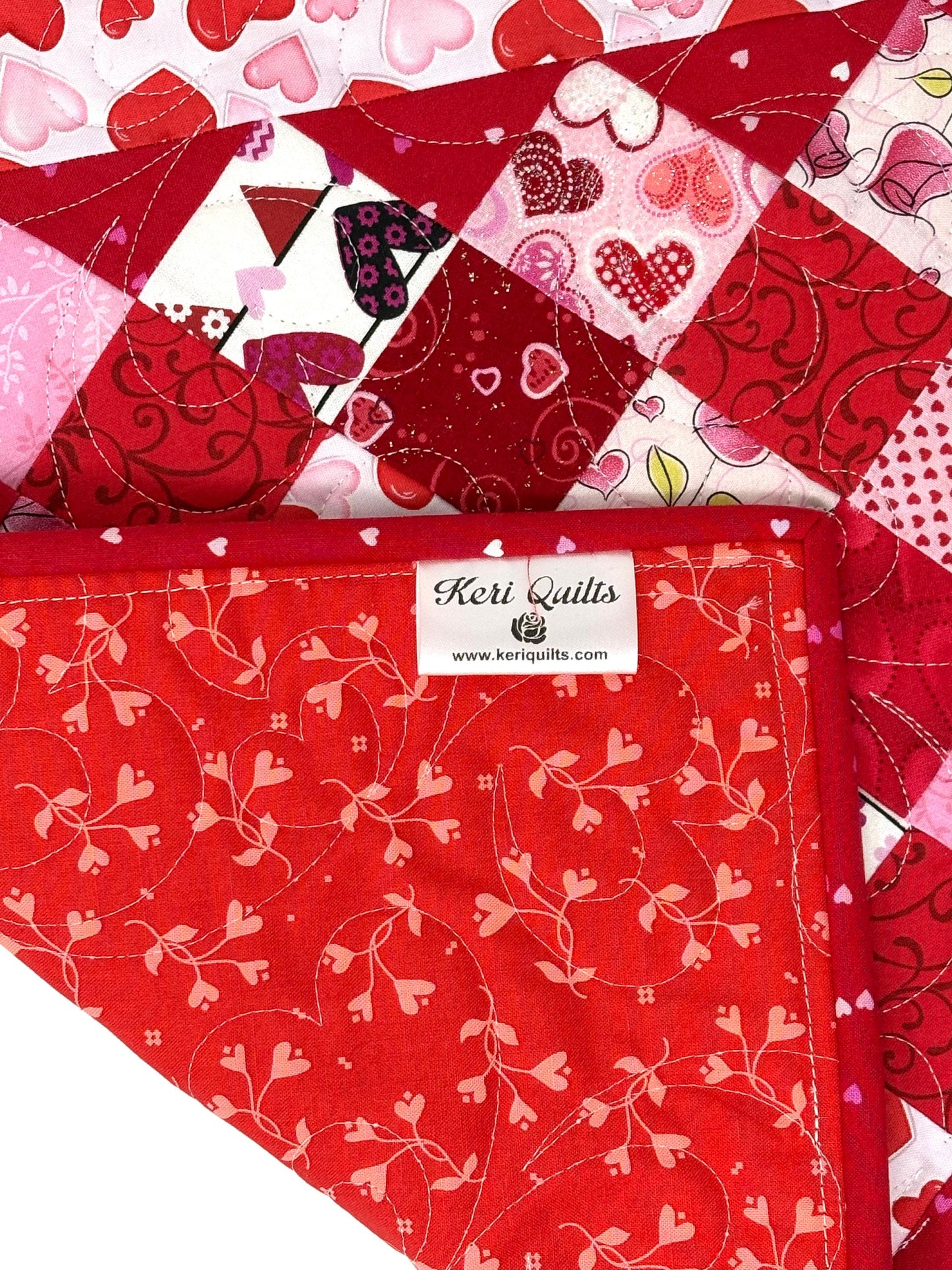 Handmade Valentine's Day Table Topper, Heart Quilted Square Quilt