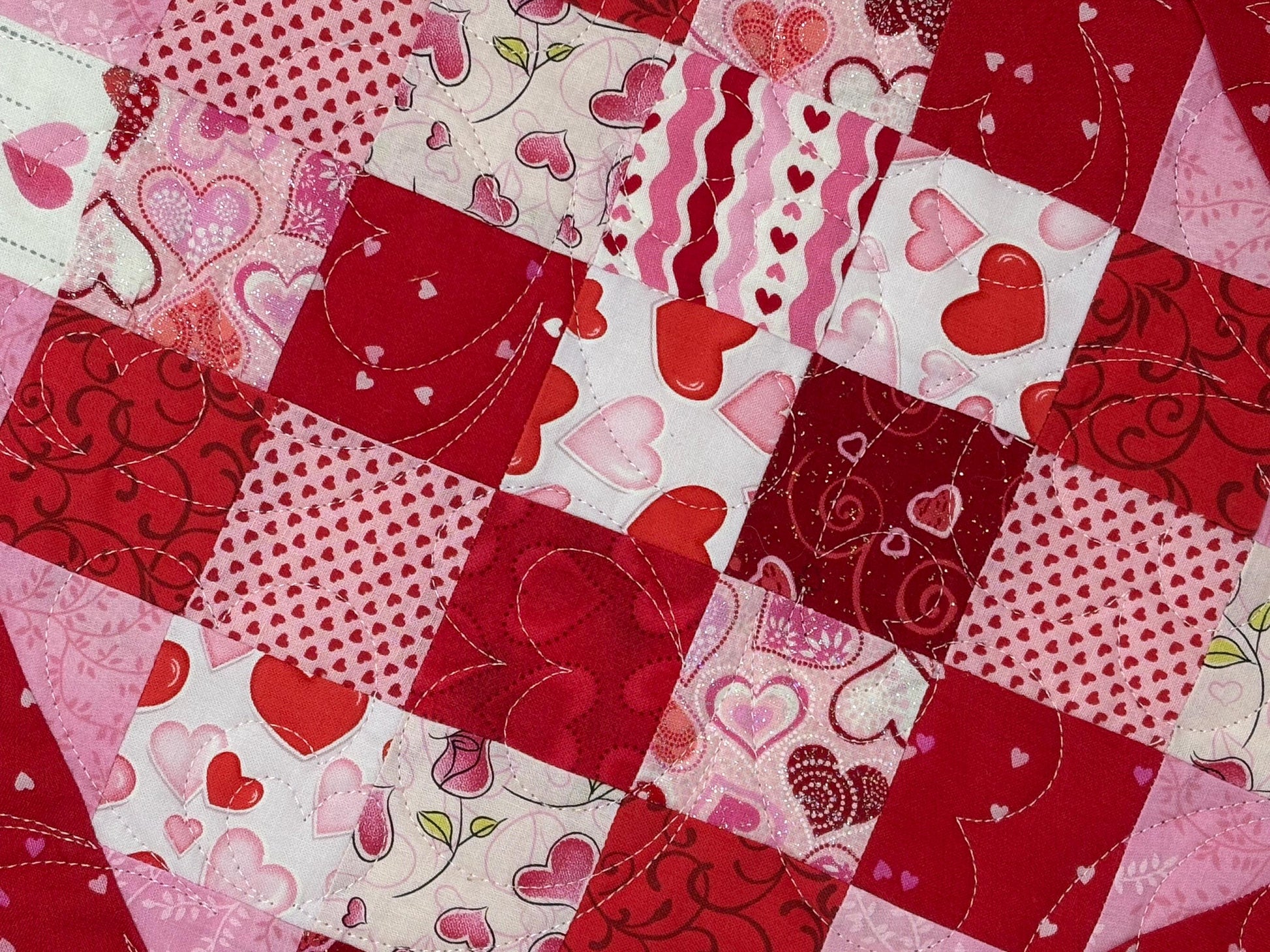 Handmade Valentine's Day Quilted Table Topper, Red Pink Heart Decor