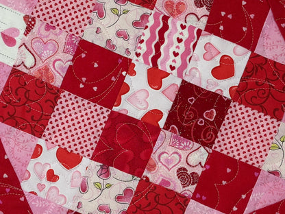 Handmade Valentine's Day Quilted Table Topper, Red Pink Heart Decor