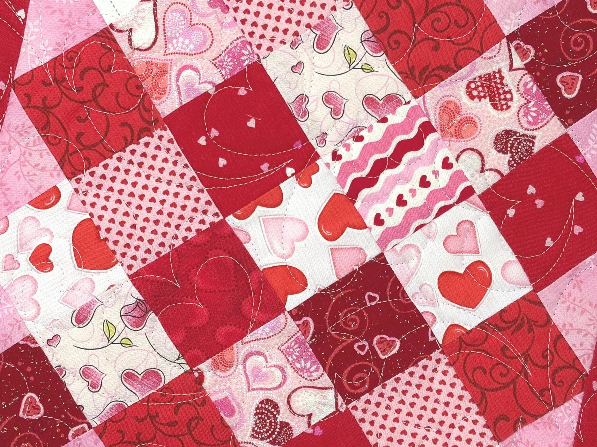 Handmade Valentine's Day Quilted Table Topper, Red Pink Heart Decor
