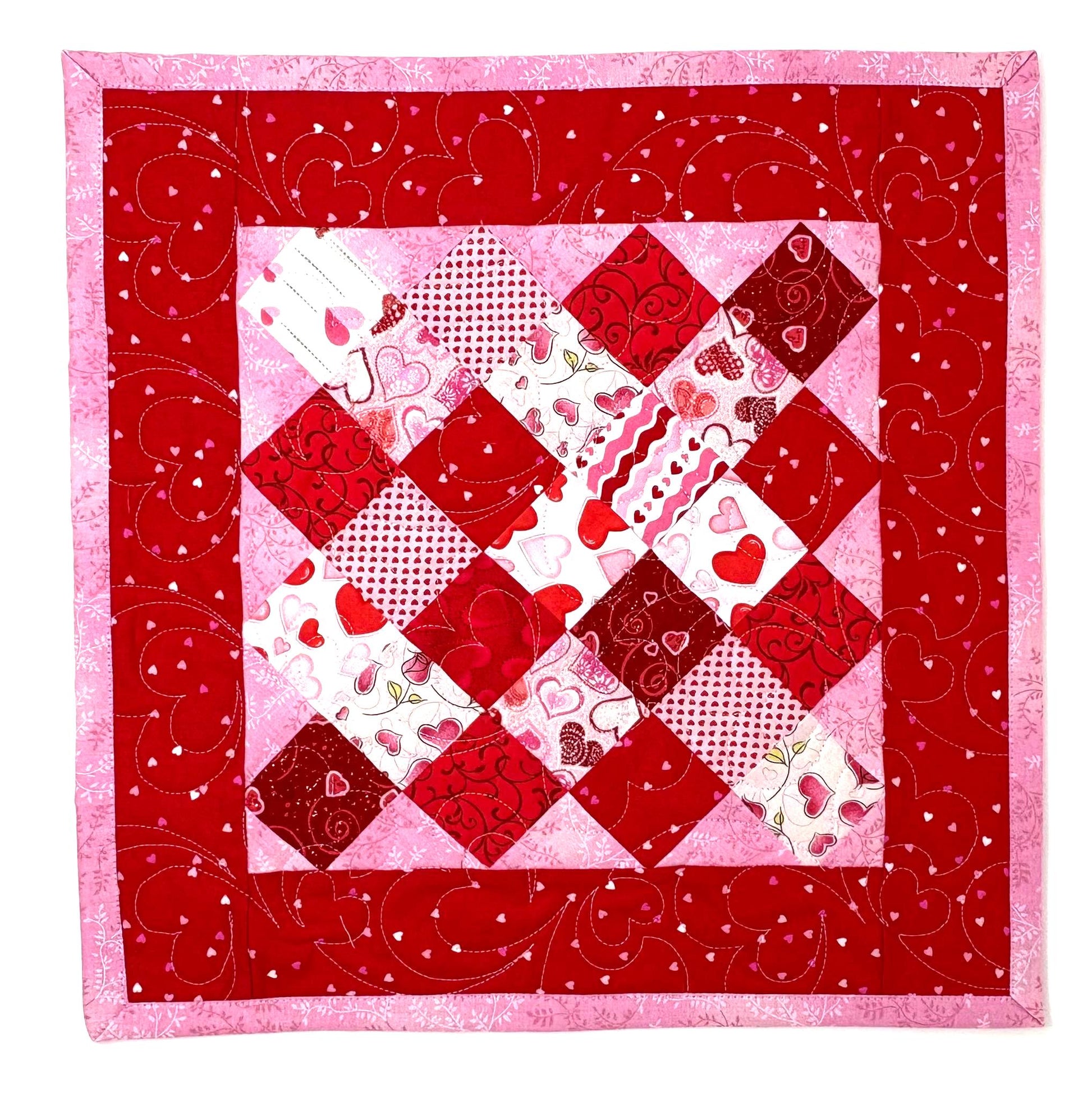 Handmade Valentine's Day Quilted Table Topper, Red Pink Heart Decor