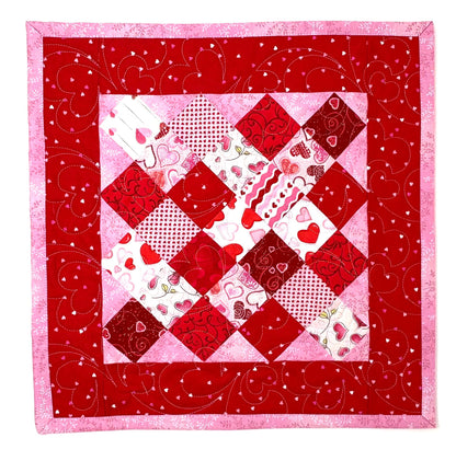 Handmade Valentine's Day Quilted Table Topper, Red Pink Heart Decor