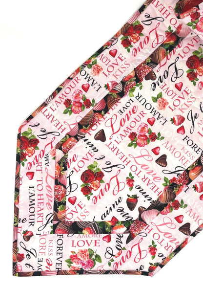 Valentine Table Runner Quilt, Romantic Quilt, Love Words, Chocoate Strawberries, Handmade Quilt