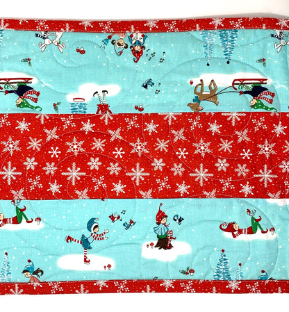 Winter Table Runner Quilt, Blue, Red, Snowflakes, Handmade