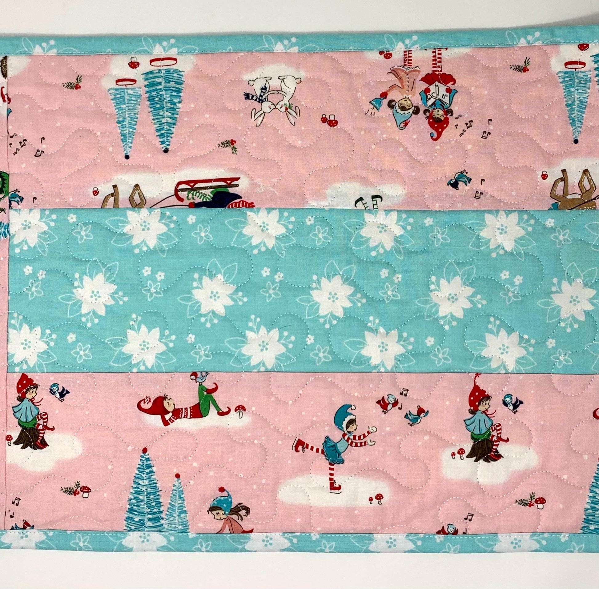 Winter Table Runner Quilt, Pink, Blue, Handmade