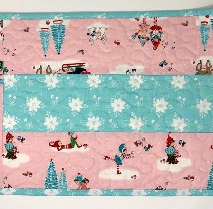 Winter Table Runner Quilt, Pink, Blue, Handmade