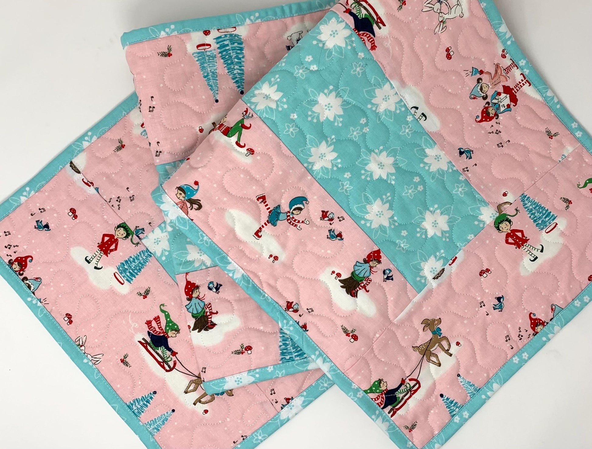 Winter Table Runner Quilt, Pink, Blue, Handmade