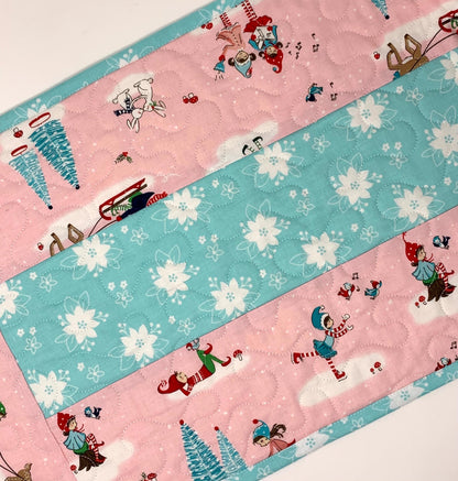 Winter Table Runner Quilt, Pink, Blue, Handmade