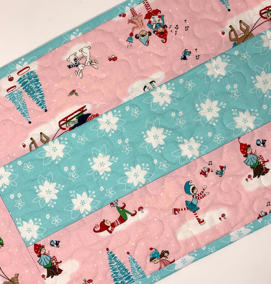 Winter Table Runner Quilt, Pink, Blue, Handmade