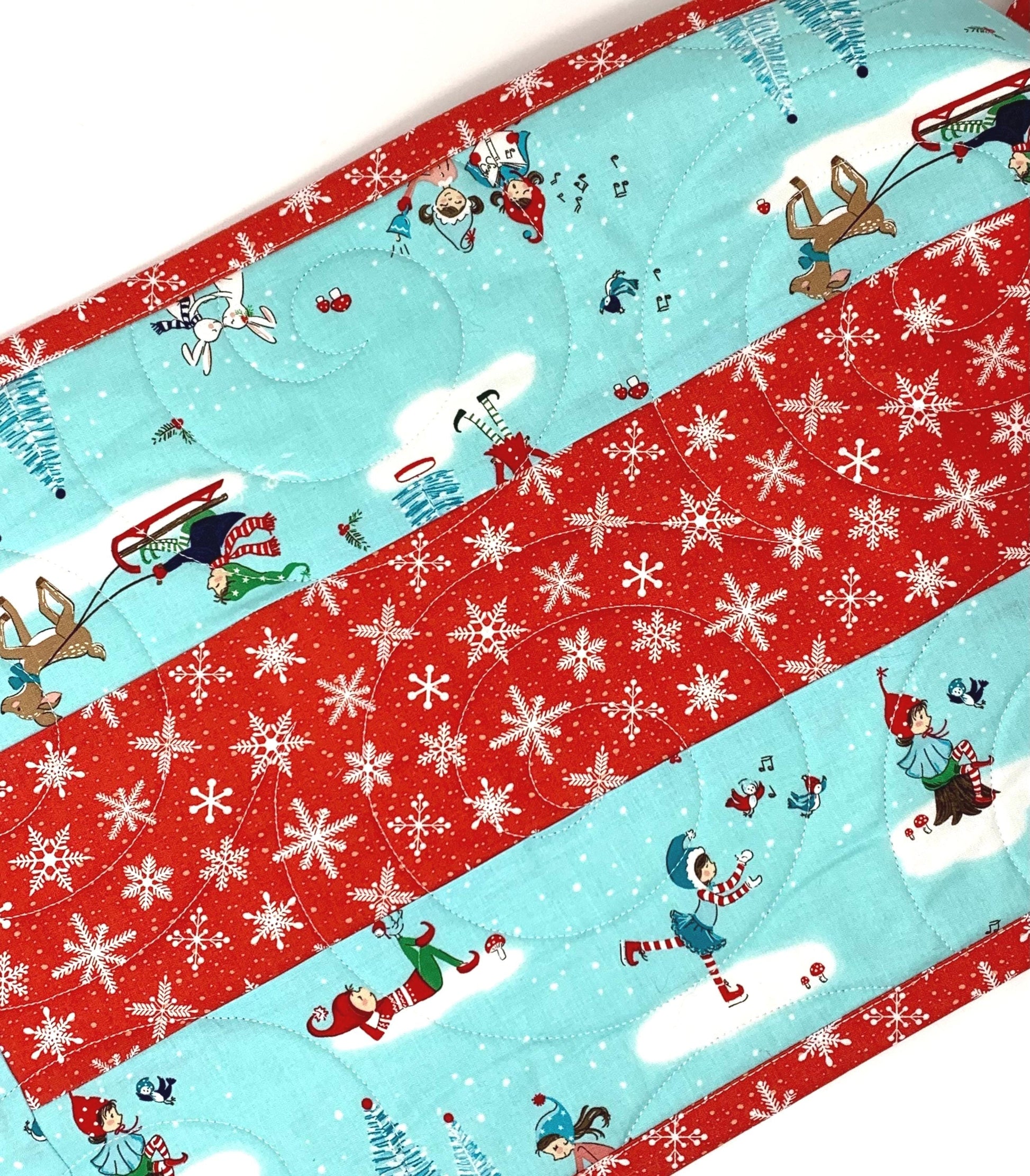 Winter Table Runner Quilt, Blue, Red, Snowflakes, Handmade