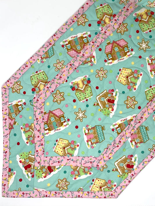 Gingerbread Houses Quilted Table Runner: Handmade Christmas Decor, Teal Blue Coquette, 15x49