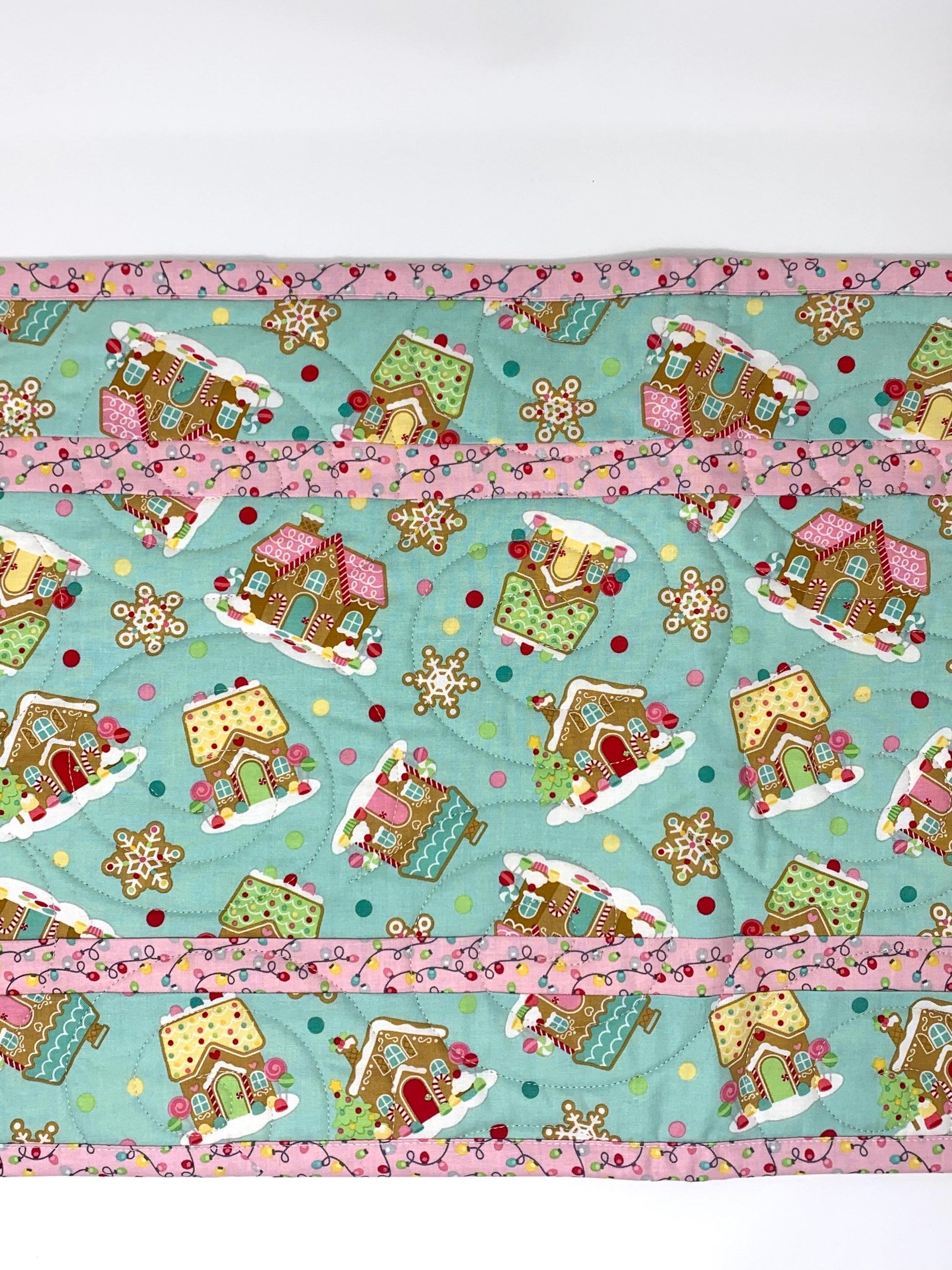 Gingerbread Houses Quilted Table Runner: Handmade Christmas Decor, Teal Blue Coquette, 15x49