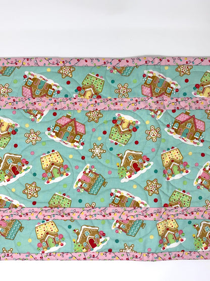 Gingerbread Houses Quilted Table Runner: Handmade Christmas Decor, Teal Blue Coquette, 15x49