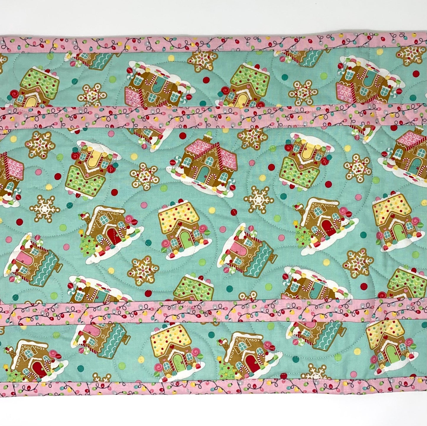 Gingerbread Houses Quilted Table Runner: Handmade Christmas Decor, Teal Blue Coquette, 15x49