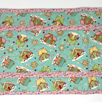 Gingerbread Houses Quilted Table Runner: Handmade Christmas Decor, Teal Blue Coquette, 15x49