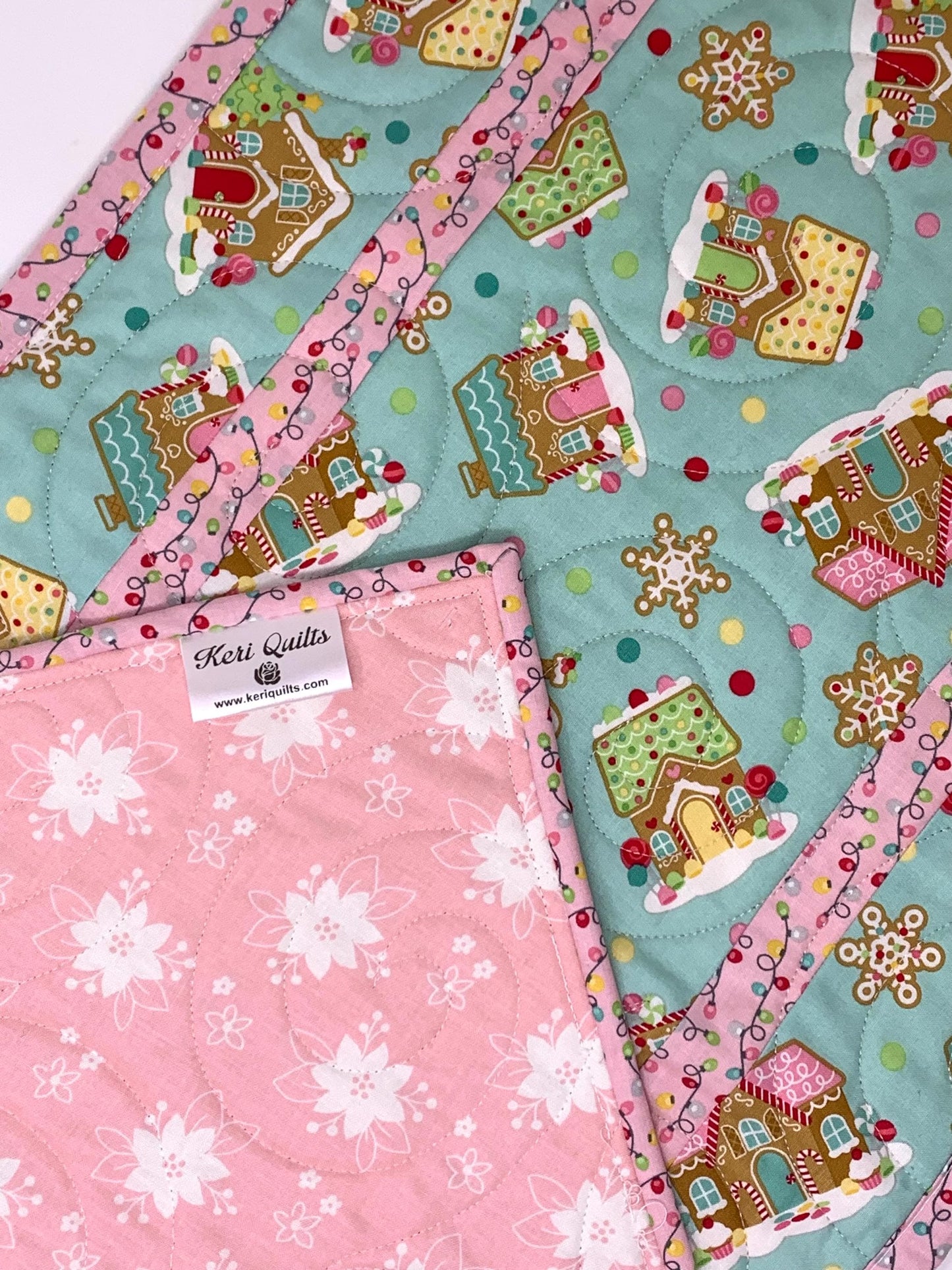 Gingerbread Houses Quilted Table Runner: Handmade Christmas Decor, Teal Blue Coquette, 15x49