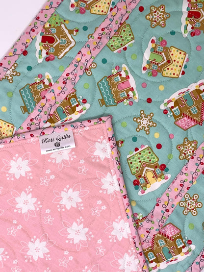 Gingerbread Houses Quilted Table Runner: Handmade Christmas Decor, Teal Blue Coquette, 15x49