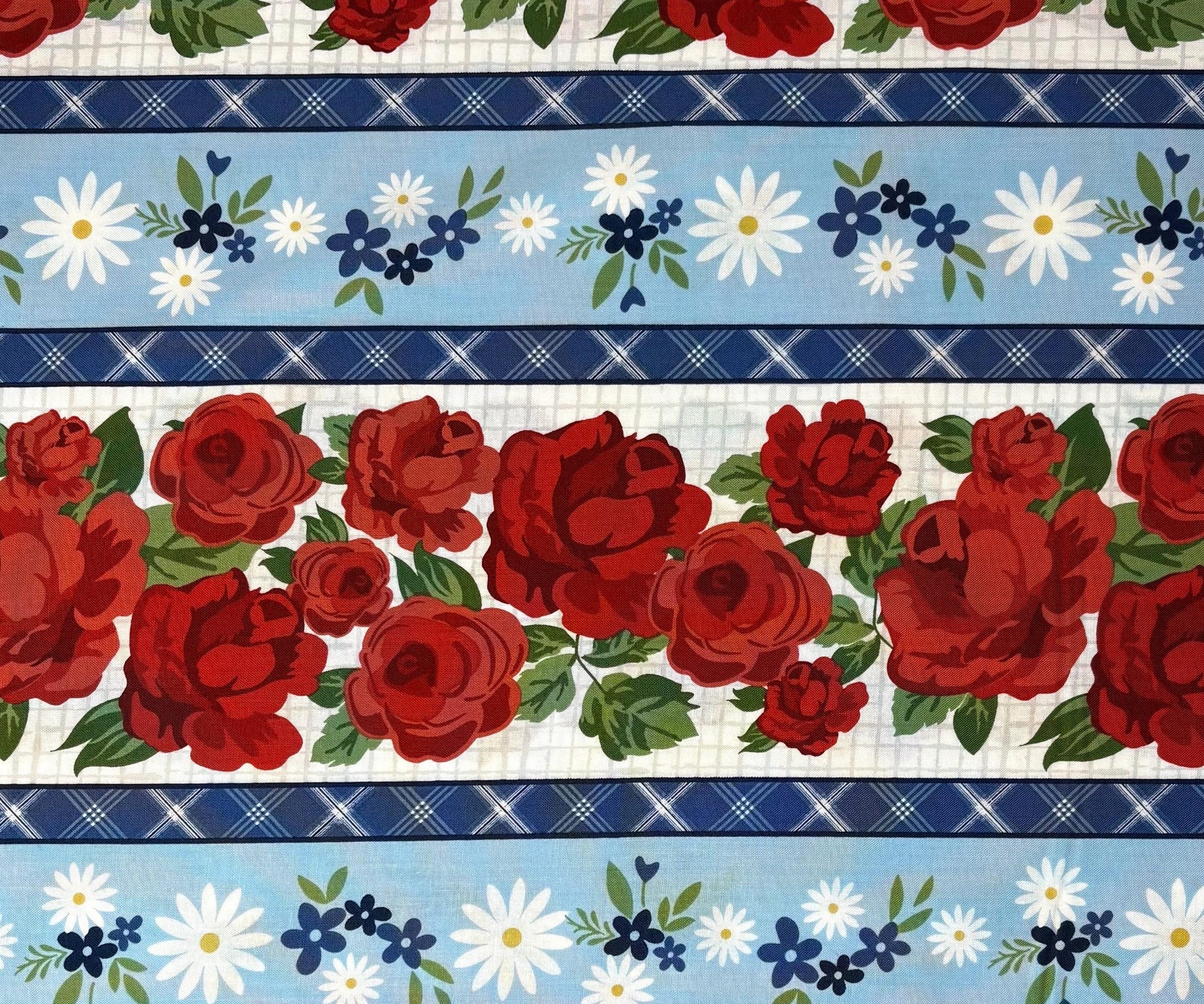 Floral Stripe Border Fabric: Summertime Daydream Stripe, Roses - Wilmington