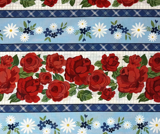 Floral Stripe Border Fabric: Summertime Daydream Stripe, Roses - Wilmington