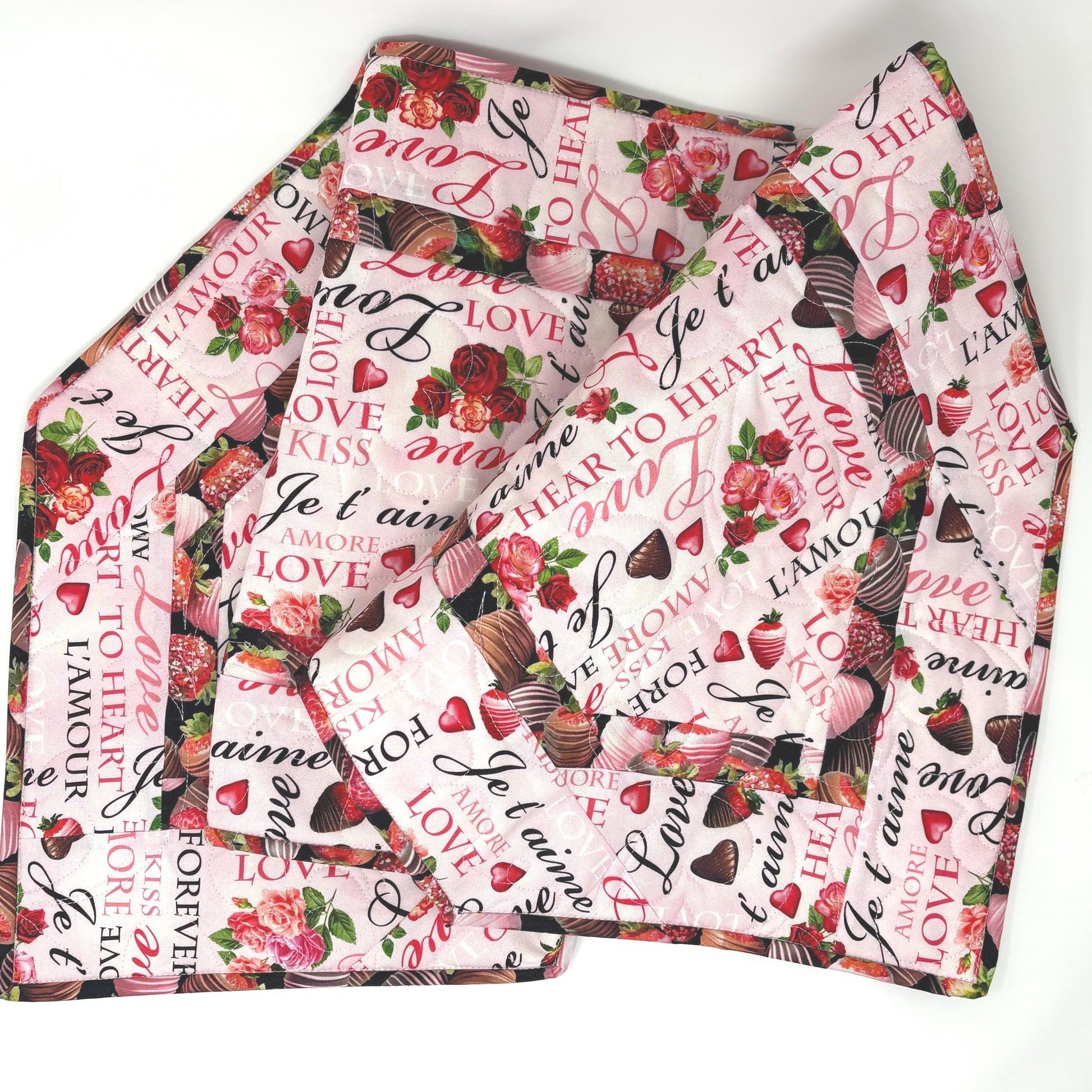 Valentine Table Runner Quilt, Romantic Quilt, Love Words, Chocoate Strawberries, Handmade Quilt
