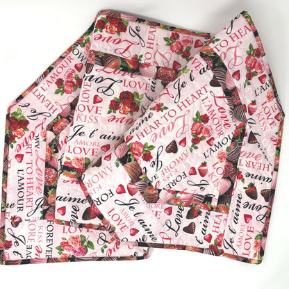 Valentine Table Runner Quilt, Romantic Quilt, Love Words, Chocoate Strawberries, Handmade Quilt