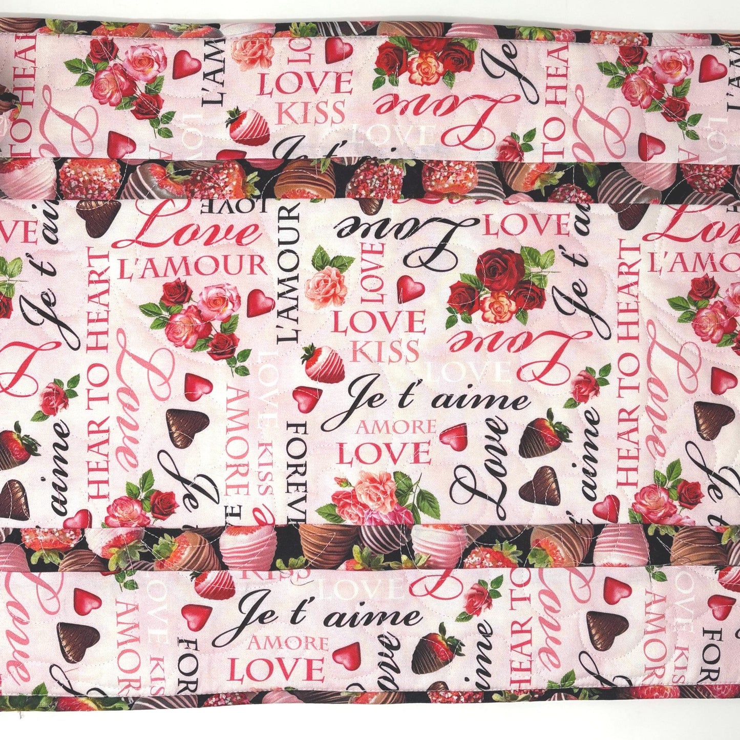 Valentine Table Runner Quilt, Romantic Quilt, Love Words, Chocoate Strawberries, Handmade Quilt