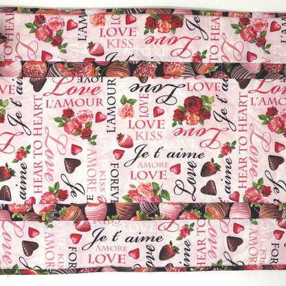 Valentine Table Runner Quilt, Romantic Quilt, Love Words, Chocoate Strawberries, Handmade Quilt