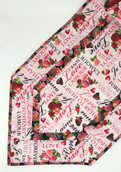 Valentine Table Runner Quilt, Romantic Quilt, Love Words, Chocoate Strawberries, Handmade Quilt