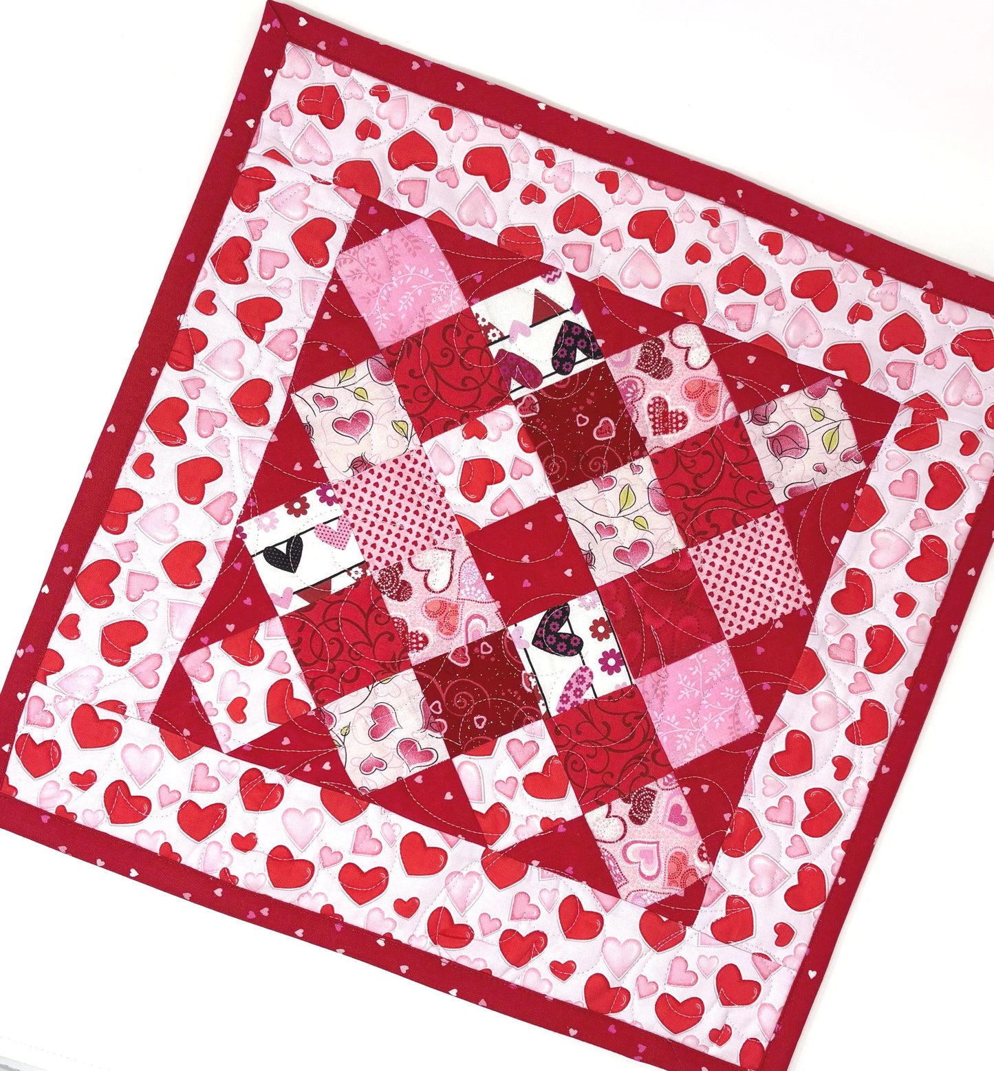 Handmade Valentine's Day Table Topper, Heart Quilted Square Quilt