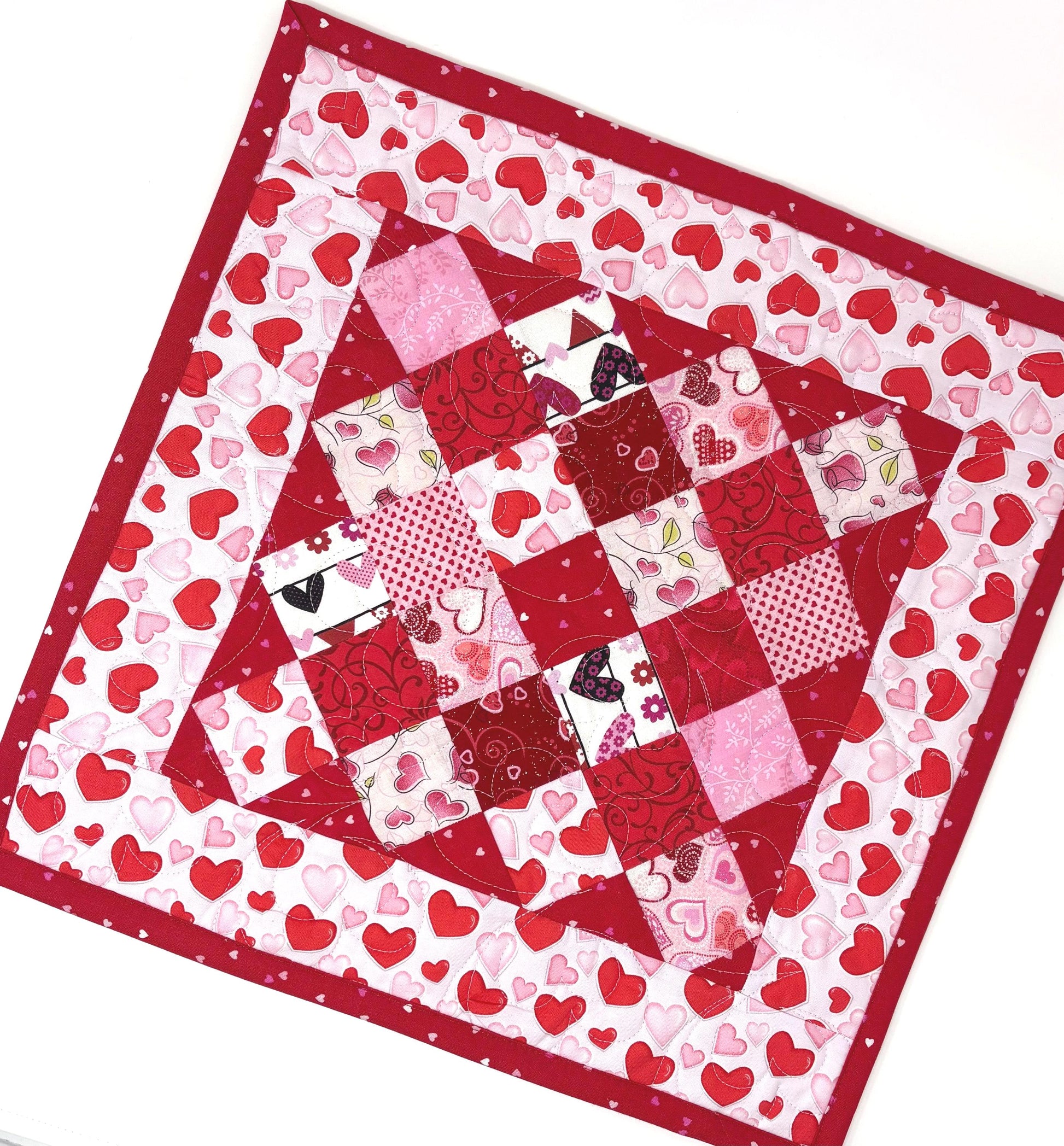 Handmade Valentine's Day Table Topper, Heart Quilted Square Quilt